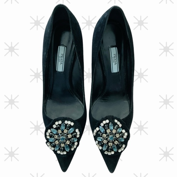 Prada Pointy Toe Pumps Kitten Stiletto Heels 39 Black Suede Crystal Brooch EUC🖤 - Picture 1 of 11